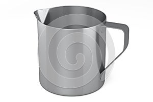 Stainless steel milk frothing pitcher cup with handle on white background.