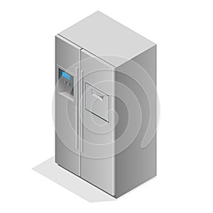 Stainless steel modern refrigerator isolated on white. The external LED display, with blue glow. Fridge freezer. Flat 3d