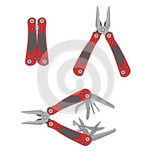 Stainless steel multifunctional pocket multi tool instrument. Flat illustration isolated on white