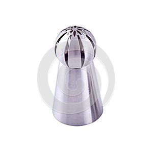 Stainless steel piping nozzle isolated on white background, copy space. Icing tip for decorating cakes and cookies. Frosting