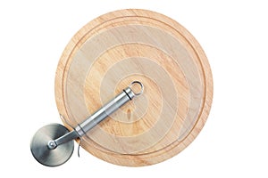 Stainless steel pizza cutter on chopping board