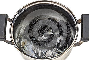 A stainless steel pot with burnt food from being left on the stove