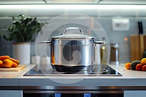 Stainless Steel Pot on Gas Stove.