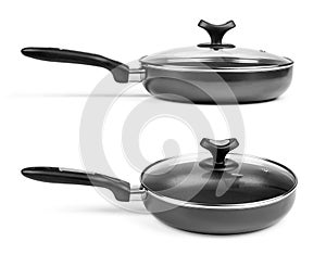 Stainless steel pots and pans isolated