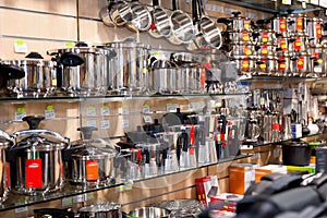 Stainless steel pots at store