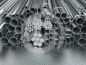 Stainless steel profiles and tubes. in warehouse background. Different metal rolled products