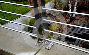 stainless steel railing on the concrete wall of the roof parking lot.