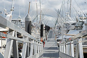 Stainless steel rails of ramp leading down to marina piers and boats