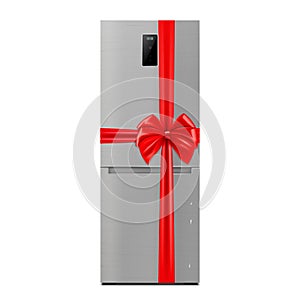 Stainless Steel Refrigerator with red ribbon and bow. 3D rendering. Gift concept. Realistic vector illustration isolated on white