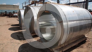 Stainless steel rolls. Rolls of steel sheet in the warehouse. A roll of galvanized steel sheet for the production of