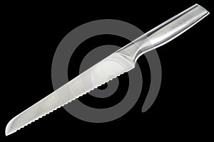 Stainless Steel Serrated Blade Bread Knife Isolated on Black Background