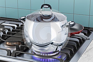 Stainless steel stock pot with glass cover on the steel gas cook