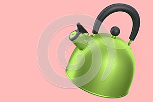 Stainless steel stovetop kettle with whistle isolated on pink background.