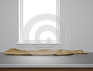 Stainless steel table with blank window background