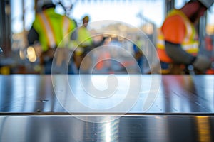 stainless steel table with blurred construction workers wielding tools in the back