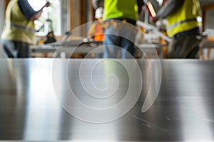 stainless steel table with blurred construction workers wielding tools in the back