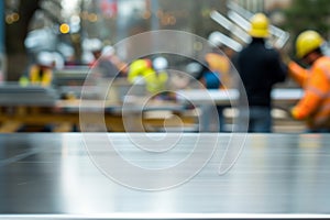 stainless steel table with blurred construction workers wielding tools in the back