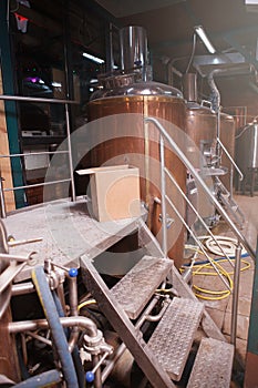 Stainless steel tanks at beer brewery