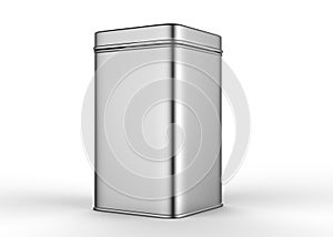 Stainless steel or tin metal shiny silver box container Isolated on white background for mock up and packaging Design. 3d r