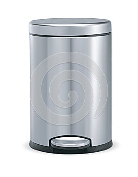Stainless steel trash can with pedal. Vector 3d illustration