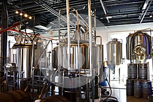 Stainless steel vats at brewery.