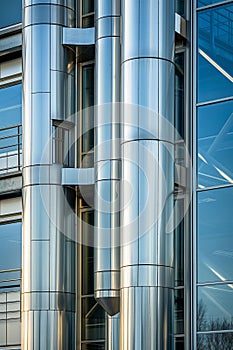 Stainless steel ventilation pipes and tubes on the exterior of a glass industrial building wall. Modern architectural