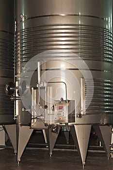 Stainless steel wine chilling and separation tank in a spanish wine cellar