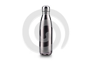 Stainless thermos water bottle, isolated on white background. Silver color.