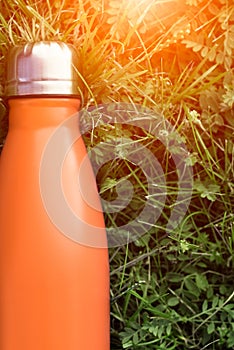 Stainless thermos water bottle, orange color. Mockup isolated on green grass background with sunlight effect. Glossy aluminum vacu