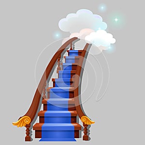 Stair with blue carpet leading into the clouds with shining stars isolated on gray background. Sketch for greeting card