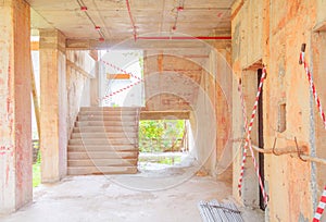 Stair cement interior building construction site in develop housing with copy space