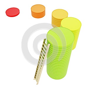 Stair ladder and stack of coins isolated