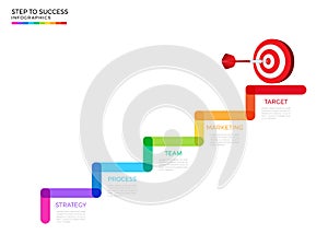 Stair step to dart board target and success concept. Business timeline modern colorful infographics template with icons