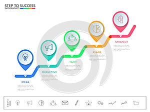 Stair step to success concept. Business timeline modern colorful pointer infographics template with icons and elements.