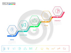 Stair step to success concept. Modern colorful business timeline hexagon infographics template with icons and elements