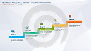 Stair steps, Achievement Ladder, Timeline Infographics template, Start-up levels. Business leadership, concept with 5 process step