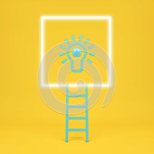 Stair to squar green light bulb outstanding in yellow background. Minimal concept.Idea.Flat lay. 3d render