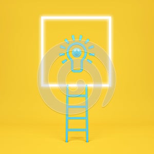 Stair to squar green light bulb outstanding in yellow background. Minimal concept.Idea.Flat lay. 3d render photo