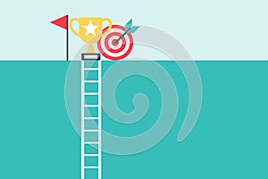 stair up to goal success with copy space. business target mission complete. trophy dartboard achievement. vector illustration flat