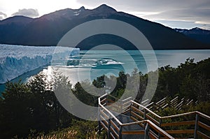 Staircase across Magellanic forest with view to Perito Moreno Glacier, Lago Argentino lake and Cerro Asuncion mount