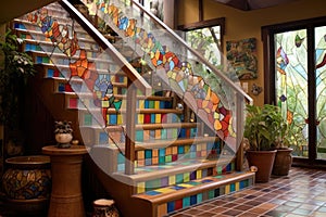 staircase with colorful mosaic tiles on risers