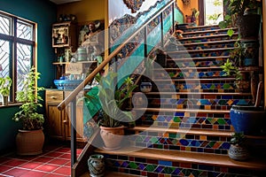 staircase with colorful mosaic tiles on risers