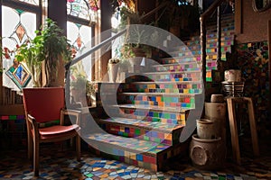 staircase with colorful mosaic tiles on risers