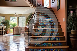 staircase with colorful mosaic tiles on risers