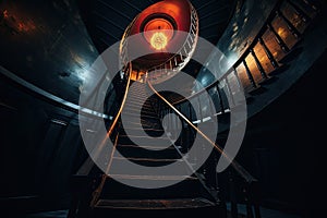 Staircase in a dark room with a glowing light bulb, Spiral staircase in dark, AI Generated