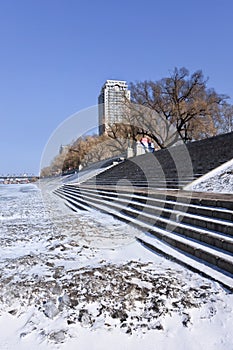 Staircase at frozen Songhua river at Harbin, Heilongjiang Province, China photo
