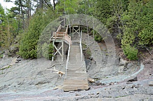 staircase going from rocks up to trees on a hill