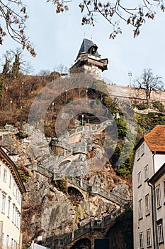 Staircase at Grazer Uhturm Clock Tower on Schlossberg Castle hill. Old city of Graz in Austria. Town in Styria, Europe photo