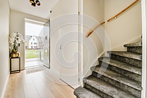a staircase with grey carpeted steps and a door