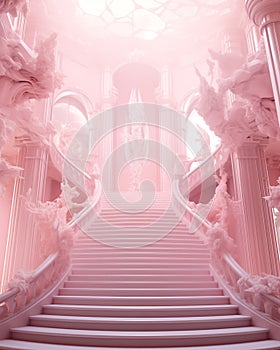 Staircase, hallway inside the castle, pink tone